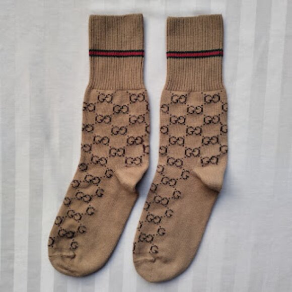 GUCCI | Web Stripe Camel Brown GG Logo Jacquard Knit Calf Socks Unisex Pre-Owned - Picture 2 of 11